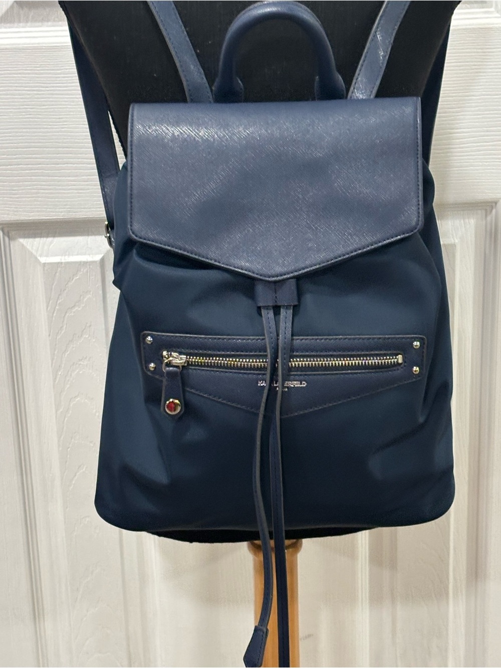 Karl Lagerfeld Navy Backpack with Gold Hardware and Leather Accents